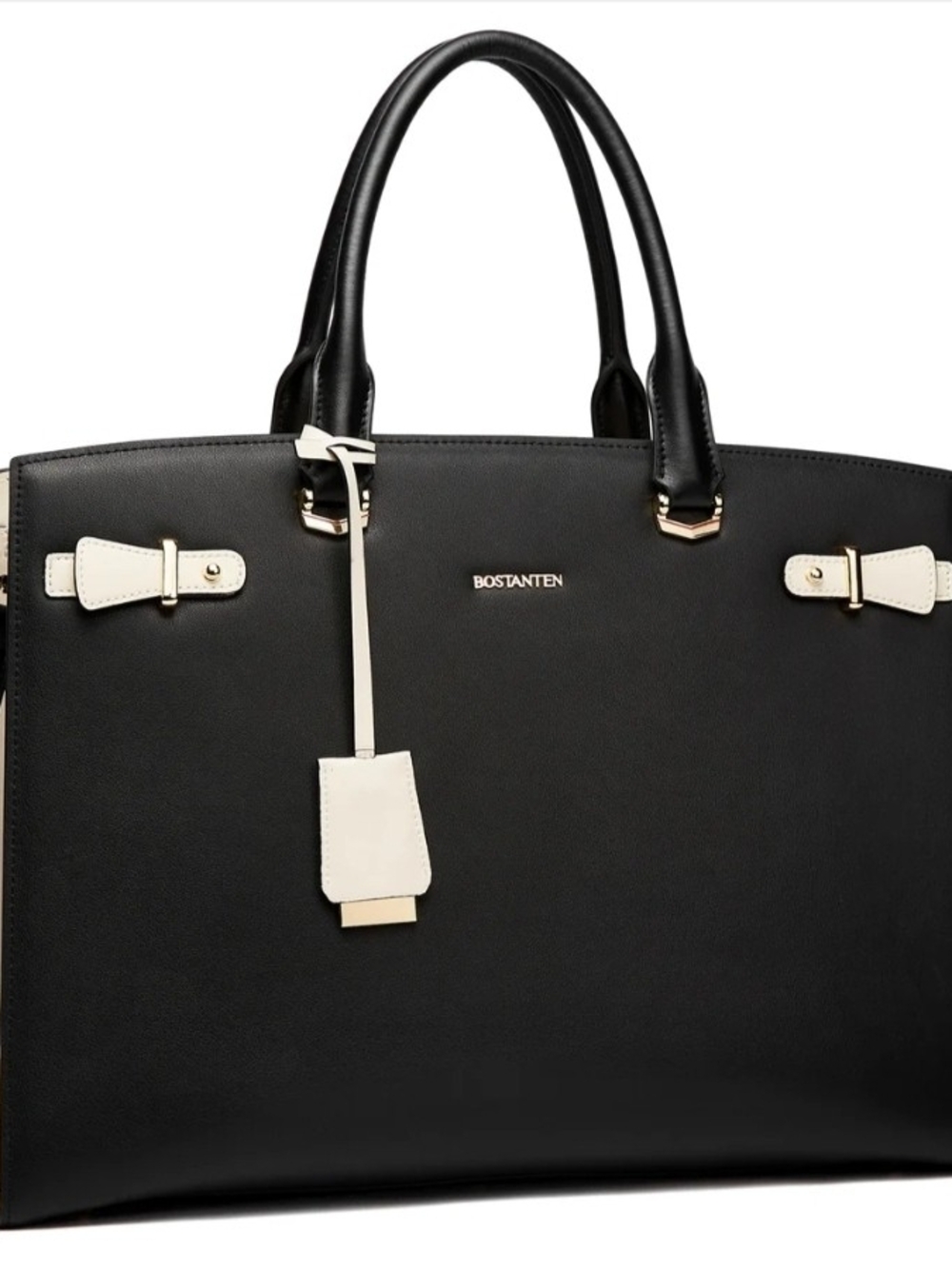BOSTANTEN Leather Laptop Briefcase 15.6" Work Tote Bag Mizuki Black Cream